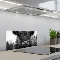 KitchenYeah Spatscherm 60x30 cm - Zelfklevende achterwand Schotse hooglander - Zwart - Wit - Sneeuwvlokken - Keuken muurbeschermer - Spatwand fornuis