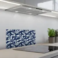 KitchenYeah Spatscherm 60x30 cm - Zelfklevende achterwand Botanisch - Patroon - Blauw - Keuken muurbeschermer - Spatwand fornuis