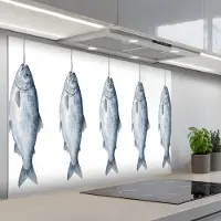 KitchenYeah Spatscherm 120x80 cm - Zelfklevende achterwand Vissen - Illustratie - Delfts - Blauw - Keuken muurbeschermer - Spatwand fornuis