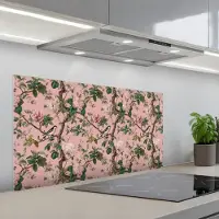 KitchenYeah Spatscherm 100x50 cm - Zelfklevende achterwand Pioenrozen - Botanisch - Vogel - Keuken muurbeschermer - Spatwand fornuis