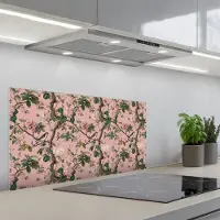 KitchenYeah Spatscherm 80x40 cm - Zelfklevende achterwand Pioenrozen - Botanisch - Vogel - Keuken muurbeschermer - Spatwand fornuis