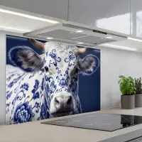 KitchenYeah Spatscherm 90x60 cm - Zelfklevende achterwand Koe - Delfts - Blauw - Artistiek - Keuken muurbeschermer - Spatwand fornuis