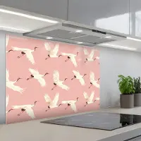 KitchenYeah Spatscherm 80x55 cm - Zelfklevende achterwand Modern - Kraanvogels - Roze - Keuken muurbeschermer - Spatwand fornuis