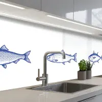 KitchenYeah Keuken achterwand 250x60 cm - Spatscherm zelfklevend Vissen - Blauw - Wit - Muurbeschermer - Spatwand fornuis