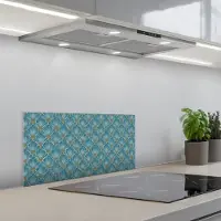 KitchenYeah Spatscherm 70x30 cm - Zelfklevende achterwand Symmetrisch - Patroon - Blauw - Keuken muurbeschermer - Spatwand fornuis