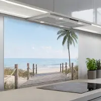 KitchenYeah Spatscherm 120x80 cm - Zelfklevende achterwand Palmbomen - Pad - Horizon - Keuken muurbeschermer - Spatwand fornuis