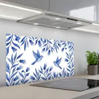 KitchenYeah Spatscherm 100x50 cm - Zelfklevende achterwand Modern - Vogels - Delfts - Blauw - Keuken muurbeschermer - Spatwand fornuis