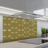 KitchenYeah Spatscherm 120x60 cm - Zelfklevende achterwand Libellen - Patroon - Groen - Keuken muurbeschermer - Spatwand fornuis