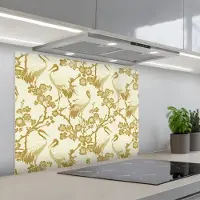 KitchenYeah Spatscherm 80x60 cm - Zelfklevende achterwand Kraanvogels - Kersenbloesem - Goud - Keuken muurbeschermer - Spatwand fornuis