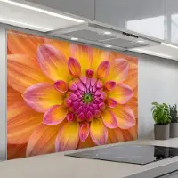 KitchenYeah Spatscherm 120x80 cm - Zelfklevende achterwand Dahlia - Bloem - Oranje - Keuken muurbeschermer - Spatwand fornuis
