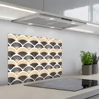 KitchenYeah Spatscherm 70x50 cm - Zelfklevende achterwand Waaier - Patroon - Zwart - Beige - Keuken muurbeschermer - Spatwand fornuis