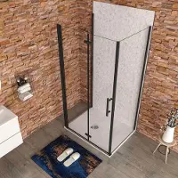AICA 95x80x195cm douchecabine, met inklapbare vouwdeur en twee vaste zijwanden, 6mm helder EasyClean veiligheidsglas,mat zwarte aluminium profiel
