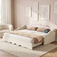 STILVORA Gestoffeerd Bed 90x200 Cm – Uitschuifbaar Tot 180x200 Cm – Met Led En Usb-C – Zonder Matras – Fluweel – Beige