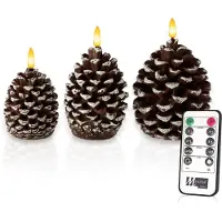Meisterhome LED Kaarsen Dennenappels – 3-delige Set – Echte wax - met Flikkerend Warm Wit Licht – Timer & Afstandsbediening – Batterij – Kerstdecoratie