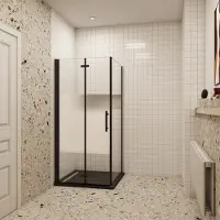 AICA 70x70x195cm douchecabine met inklapbare vouwdeur en vaste zijwand, 6mm helder EasyClean veiligheidsglas met matte folie middelban,mat zwarte aluminium frame.