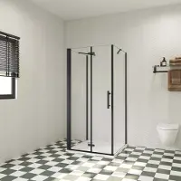 AICA 95x80x195cm douchecabine, met inklapbare vouwdeur en twee vaste zijwanden, 6mm helder EasyClean veiligheidsglas,mat zwarte aluminium frame, stabilisatiestang 50 cmX2
