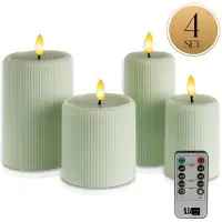 Meisterhome LED Kaarsen 4-delige Set Sage – Flikkerend Licht – Met Afstandsbediening & Timer – Batterijverlichting – Ø7,5/10 cm, Hoogte 10/15 cm – Ribbeldesign – Vlamloos & Energiezuinig