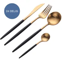 Krumble Bestekset 24 delig - 6 personen - Bestek bestaat uit een mes, vork, eetlepel en dessertlepel - Bestek set halfmat - Dinermes - Tafellepel - RVS - Ronde vorm - Goud en zwart