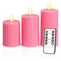 Meisterhome – 3 x Led Stompkaars Ribbel - Roze – Stompkaars Echte wax - Led kaarsen - 10 / 12.5 / 15 cm Hoog - Met afstandsbediening – Timer 2/4/6/8 uur - Dimbaar
