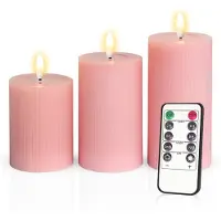 Meisterhome – 3 x Led Stompkaars Ribbel - Licht Roze – Stompkaars Echte wax - Led kaarsen - 10 / 12.5 / 15 cm Hoog - Met afstandsbediening – Timer 2/4/6/8 uur - Dimbaar