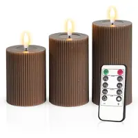 Meisterhome – 3 x Led Stompkaars Ribbel - Bruin – Stompkaars Echte wax - Led kaarsen - 10 / 12.5 / 15 cm Hoog - Met afstandsbediening – Timer 2/4/6/8 uur - Dimbaar