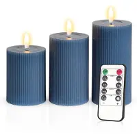 Meisterhome – 3 x Led Stompkaars Ribbel - Blauw – Stompkaars Echte wax - Led kaarsen - 10 / 12.5 / 15 cm Hoog - Met afstandsbediening – Timer 2/4/6/8 uur - Dimbaar