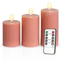 Meisterhome – 3 x Led Stompkaars Ribbel - Oud Roze – Stompkaars Echte wax - Led kaarsen - 10 / 12.5 / 15 cm Hoog - Met afstandsbediening – Timer 2/4/6/8 uur - Dimbaar