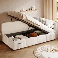 STILVORA Gestoffeerd Bed 90x190 cm – Slaapbank Met Opbergruimte En Usb-Laadpunten – Hydraulisch Opklapbaar – Zonder Matras – Fluweel – Beige