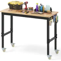 Costway Verstelbare werkbank met wieltjes, werktafel van rubber en hout met 2 geperforeerde platen en metalen frame, 1100 kg draagvermogen, werkbanktafel, gereedschapstafel met 122 cm werkblad voor