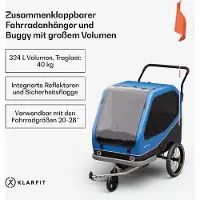 Klarfit Aanhanger voor 2 huisdieren met 324 l volume, Hybride buggy met solide stalen framconstructie, geïntegreerde reflectoren & remmen - ruime honden-fietsaanhanger