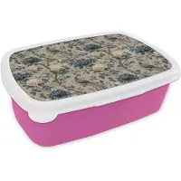 MuchoWow Broodtrommel Roze - Lunchbox Pauw - Bloemen - Blauw - Brooddoos 18x12x6 cm - Brood lunch box - Broodtrommels voor kinderen en volwassenen