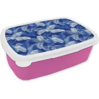 MuchoWow Broodtrommel Roze - Lunchbox Palmblad - Patroon - Blauw - Brooddoos 18x12x6 cm - Brood lunch box - Broodtrommels voor kinderen en volwassenen