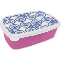 MuchoWow Broodtrommel Roze - Lunchbox Cirkels - Bloemen - Blauw - Brooddoos 18x12x6 cm - Brood lunch box - Broodtrommels voor kinderen en volwassenen
