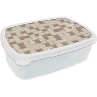 MuchoWow Broodtrommel Wit - Lunchbox Blok - Patroon - Bruin - Brooddoos 18x12x6 cm - Brood lunch box - Broodtrommels voor kinderen en volwassenen