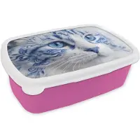 MuchoWow Broodtrommel Roze - Lunchbox Kat - Patroon - Blauw - Brooddoos 18x12x6 cm - Brood lunch box - Broodtrommels voor kinderen en volwassenen