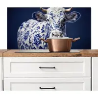 KitchenYeah Spatscherm keuken 100x50 cm - Kookplaat achterwand Koe - Delfts - Blauw - Artistiek - Muurbeschermer - Spatwand fornuis - Hoogwaardig aluminium