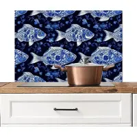 KitchenYeah Spatscherm keuken 80x55 cm - Kookplaat achterwand Vissen - Bloemen - Blauw - Muurbeschermer - Spatwand fornuis - Hoogwaardig aluminium