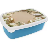 MuchoWow Broodtrommel Blauw - Lunchbox Bloemen - Eieren - Goud - Beige - Brooddoos 18x12x6 cm - Brood lunch box - Broodtrommels voor kinderen en volwassenen