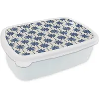 MuchoWow Broodtrommel Wit - Lunchbox Symmetrisch - Palm - Blauw - Brooddoos 18x12x6 cm - Brood lunch box - Broodtrommels voor kinderen en volwassenen