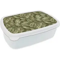 MuchoWow Broodtrommel Wit - Lunchbox Bladeren - Modern - Groen - Brooddoos 18x12x6 cm - Brood lunch box - Broodtrommels voor kinderen en volwassenen