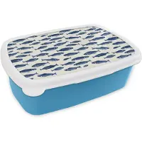 MuchoWow Broodtrommel Blauw - Lunchbox Vissen - Patroon - Blauw - Wit - Brooddoos 18x12x6 cm - Brood lunch box - Broodtrommels voor kinderen en volwassenen