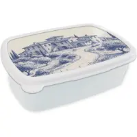 MuchoWow Broodtrommel Wit - Lunchbox Rustiek - Landgoed - Blauw - Brooddoos 18x12x6 cm - Brood lunch box - Broodtrommels voor kinderen en volwassenen