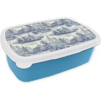 MuchoWow Broodtrommel Blauw - Lunchbox Huizen - Bomen - Water - Vogels - Blauw - Brooddoos 18x12x6 cm - Brood lunch box - Broodtrommels voor kinderen en volwassenen