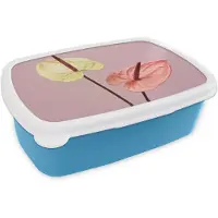 MuchoWow Broodtrommel Blauw - Lunchbox Bloemen - Anthuriums - Geel - Roze - Brooddoos 18x12x6 cm - Brood lunch box - Broodtrommels voor kinderen en volwassenen