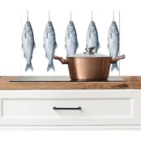 KitchenYeah Spatscherm keuken 60x40 cm - Kookplaat achterwand Vissen - Illustratie - Delfts - Blauw - Muurbeschermer - Spatwand fornuis - Hoogwaardig aluminium