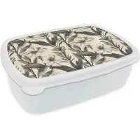 MuchoWow Broodtrommel Wit - Lunchbox Klassiek - Botanisch - Zwart - Beige - Brooddoos 18x12x6 cm - Brood lunch box - Broodtrommels voor kinderen en volwassenen