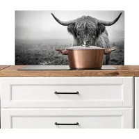 KitchenYeah Spatscherm keuken 90x45 cm - Kookplaat achterwand Schotse hooglander - Zwart - Wit - Gras - Muurbeschermer - Spatwand fornuis - Hoogwaardig aluminium