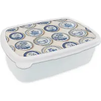 MuchoWow Broodtrommel Wit - Lunchbox Borden - Bomen - Planten - Blauw - Brooddoos 18x12x6 cm - Brood lunch box - Broodtrommels voor kinderen en volwassenen