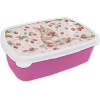 MuchoWow Broodtrommel Roze - Lunchbox Konijntje - Aardbeien - Roze - Rood - Brooddoos 18x12x6 cm - Brood lunch box - Broodtrommels voor kinderen en volwassenen