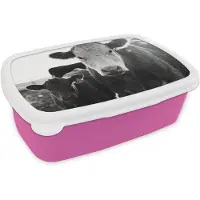 MuchoWow Broodtrommel Roze - Lunchbox Koeien - Zwart - Wit - Brooddoos 18x12x6 cm - Brood lunch box - Broodtrommels voor kinderen en volwassenen